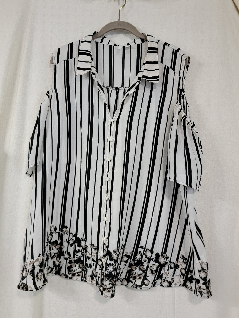 Cato Black & White Striped Cold-Shoulder Button-Down Top with Floral Hem